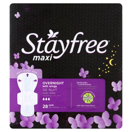 Stayfree Maxi Pads, Overnight With Wings, 28's