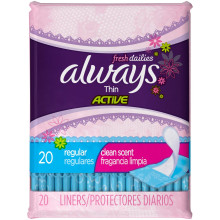 Thin Active Dailies Fresh Scented Wrapped Liners, 20 Count