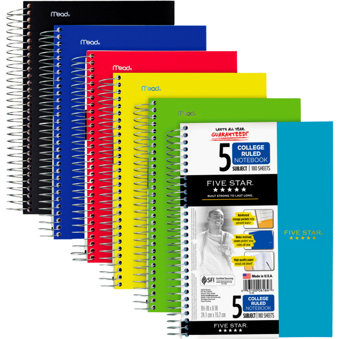 200 Sheets 11 x 8-1/2 inches College Ruled Paper Five Star Advance Spiral Notebook White 5 Subject 1-Pack 