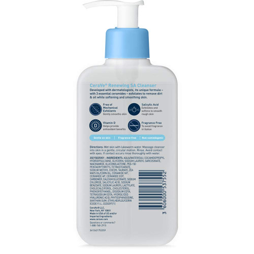 CeraVe Renewing SA Face Cleanser for Normal Skin with Salicylic Acid and Ceramides, 8 fl oz.