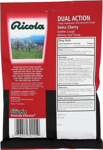 Ricola, Cough Throat Drops Dual Action Cherry, 19 Count