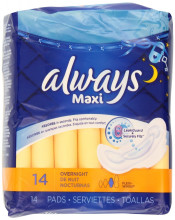 Always Maxi Pads - Overnight with Wings, Unscented, 14 Count