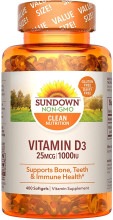 Sundown Vitamin D3 for Immune Support, Non-GMO, Dairy-Free 25mcg 1000IU Softgels, 400 Count